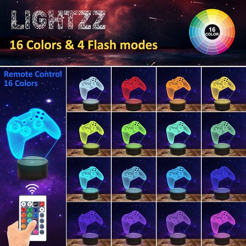 Lightzz 3D Gamepad Night Light, Game Console Illusion lamp with Remote + Touch 16 Color Flashing Changing + Timer Desk Lamps Kids Room Decor Best Festival Birthday Gifts for Game Fan