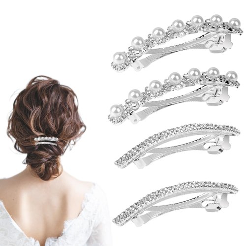 4Pcs Rhinestone Hair Clips Sparkly Hair Barrettes Pearl Silver Bling Hair Accessories for Wedding Crystal Hair Jewelry for Women Girls Prom