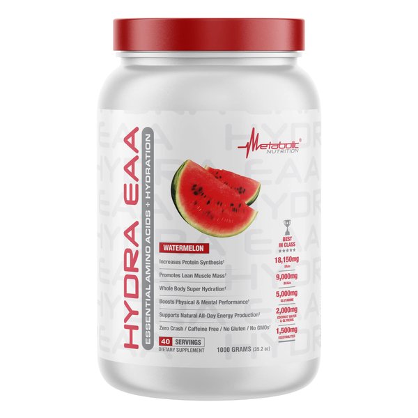 Metabolic Nutrition Hydra EAA, 1000g of Essential Amino Acids + Hydration, EAAs, BCAAs, Glutamine, Electorlytes, Coconut Water & Glycerol, Amazing Flavors (Watermelon, 1000g)