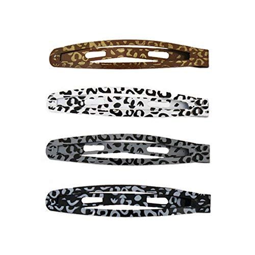 Mia Snip Snaps, Beautiful, Pretty, Stylish Painted Metal Barrettes, Hair Clips, Leopard Animal Print, Brown, White, Charcoal Gray, Black, For Women and Girls 4pcs