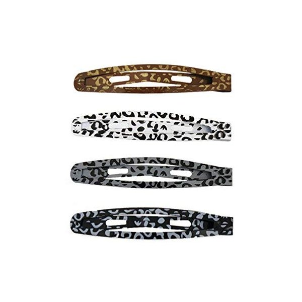 Mia Snip Snaps, Beautiful, Pretty, Stylish Painted Metal Barrettes, Hair Clips, Leopard Animal Print, Brown, White, Charcoal Gray, Black, For Women and Girls 4pcs