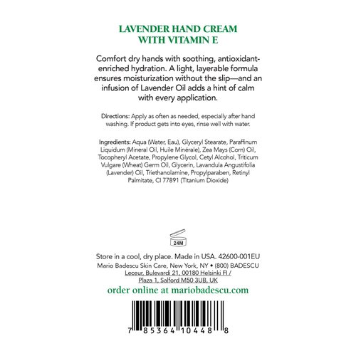 Mario Badescu Lavender Hand Cream with Vitamin E for Men and Women, Non-Greasy, Light and Fast-Absorbing Hand Cream for Dry Cracked Hands, Ideal for All Skin Types, 3 Oz