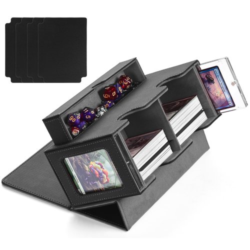 MTG Deck Box with 2 Commander Display and Dice Tray, Commander Deck Box Fits 320+ Single Sleeved Cards, Deck Box MTG, Deck Box TCG, Trading Card Deck Box with 4 Dividers & 35pt Card Brick (Black&Gray)