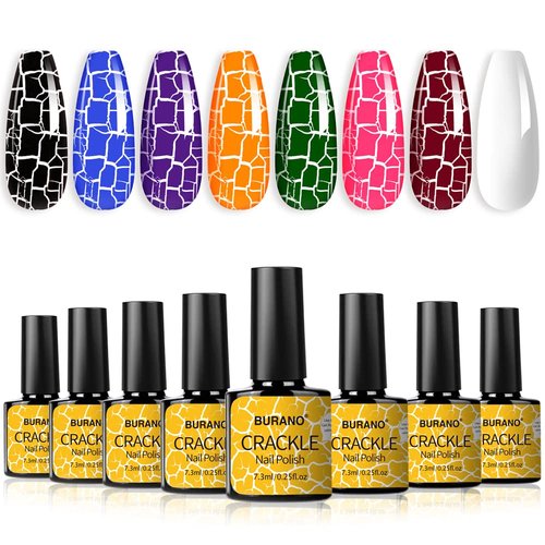 BURANO Crackle Gel Nail Polish, Super Easy Cracked Nail Polish 7 Colors + White Gel Nail Polish Set Air Dry UV Lamp Needed
