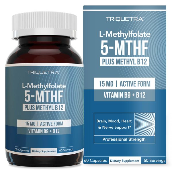L Methyl Folate 15mg Plus Methyl B12 Cofactor – High Potency, Active 5-MTHF Form - Supports Mood, Methylation, Cognition – Bioactive Forms of Vitamin B9 & B12 (60 Capsules – 60 Servings)