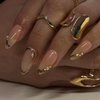24pcs French Tip Press on Nails Medium Almond Fake Nails with Pearls Rhinestones Design Gold French Line False Nails Full Cover Glue on Nails Glossy Artificial Nails for Women Girl Nail Decoration