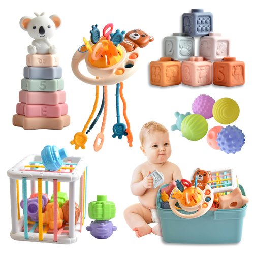 Baby Toys for 6 to 12 Months（27PCS），Montessori Sensory Toy for Toddlers 1-3, Baby Bath Toy, 6 in 1 Soft Stacking Blocks Set, Pull String Toy, Infant Learning Toys Gift