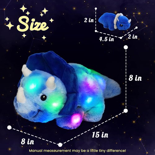 Hopearl LED Plush Dinosaur Lighting Up Stuffed Mommy Triceratops with 3 Babies in her Tummy Floppy Stuffed Animal Playset Night Lights Glow in The Dark Gifts for Kids Toddler Boys, Blue, 15“