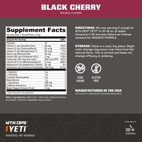 MTN OPS Yeti Monster Pre-Workout Powder Energy Drink 30-Serving Tub, Black Cherry