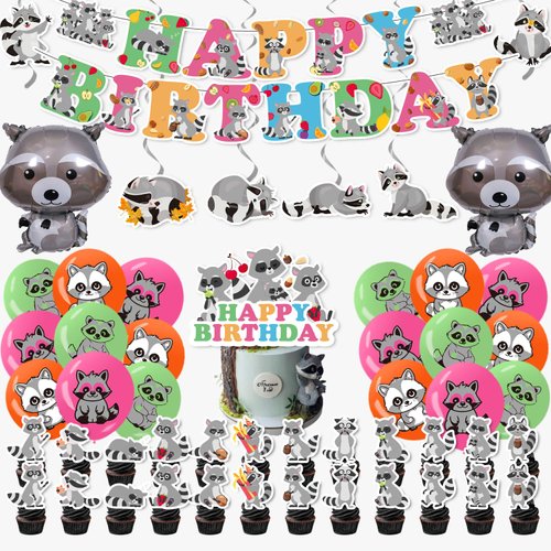 52Pcs Raccoon Birthday Party Decorations,Party Decorations Set Include Banner,Balloons,Foil Balloons,Cake Toppers,Cupcake Toppers, for Animals Theme Birthday Party Supplies