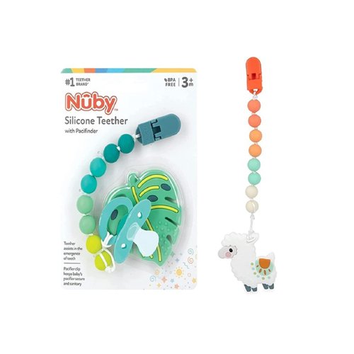 Nuby All Silicone Teether with Bonus Silicone Pacifinder with Clip - 3+ Months, 2pk (Monstera Leaf/Llama)