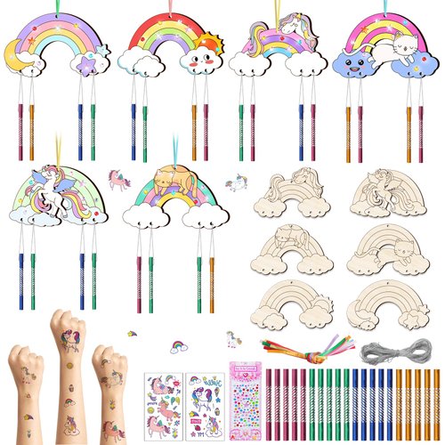 12 Pack Rainbow Wind Chime Kit for Kids Make Your Own Rainbow Horse Cat Wind Chime Wooden Arts for Kids Wooden Ornaments DIY Coloring Horse Craft for Art School Activity Birthday Party Supplies