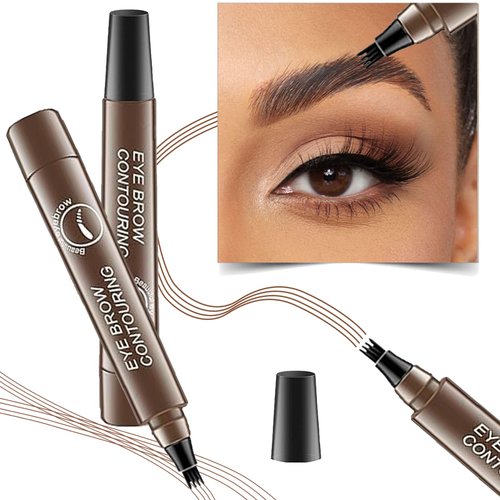 Microblading Eyebrow Pen, Dark Brown, 2024 Upgraded 3D Waterproof 4-Tip Eyebrow Pencil, Ideal for Natural Makeup with Long-Lasting Effect for Women (2 Pieces)