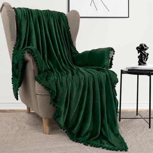 PAVILIA Emerald Green Throw Blanket Pom Pom Couch, Twin Size, Soft Fleece Cozy Pompom Fringe Sofa Blanket, Decorative Home Gift Flannel Velvet Bed Throw, Dark Green, 60x80