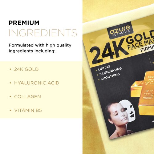 AZURE 24K Gold Firming Face Mask- Anti Aging, Hydrating, Toning & Firming Facial Mask - Helps Reduce Wrinkles & Fine Lines - With Hyaluronic Acid & Collagen - Skin Care Made in Korea - 5 Pack