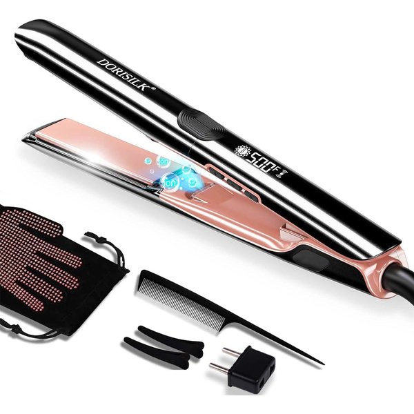 DORISILK 500 Degree High Temp Professional Hair Straightener，30s Fast Heating Ceramic Flat Iron ，2 in 1 Hair Straightener and Curler，Plasma Flat Iron Get Frizz-Free ，Dual Voltage for Travel Using