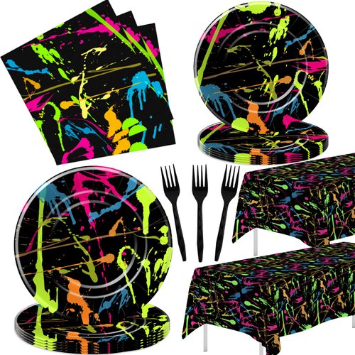 HIPVVILD Neon Party Supplies Dinnerware, Neon Glow Party Decorations Tableware, Plate, Napkin, Ta...