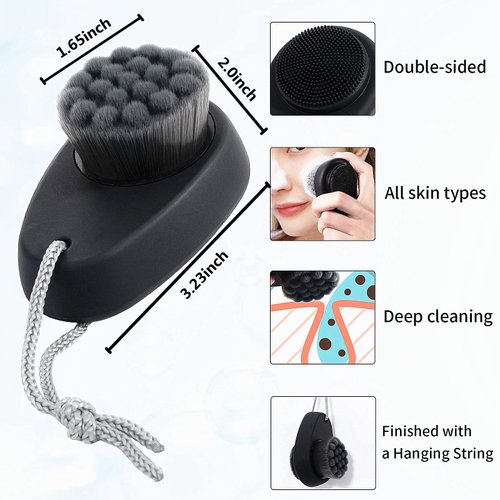 2 Pack Facial Cleansing Brush 2 in 1 for Face Exfoliation, Beomeen Silicone Face Scrubber for Men, Dual Sided Soft Bamboo Charcoal Microfiber Face Scrub Brush for Pore Deep Cleansing with Lid, Black