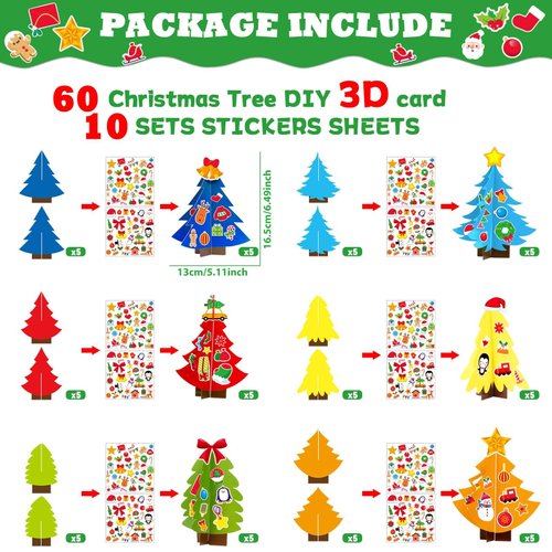 60pcs Christmas Tree DlY Craft Kit for Kids Cards 30 Sets Colorful Christmas 3D Art Project Paper Ornaments Making Crafts for Preschool Toddlers Age 4-8, 8-12 for Xmas New Year Party Favors, 30 Styles