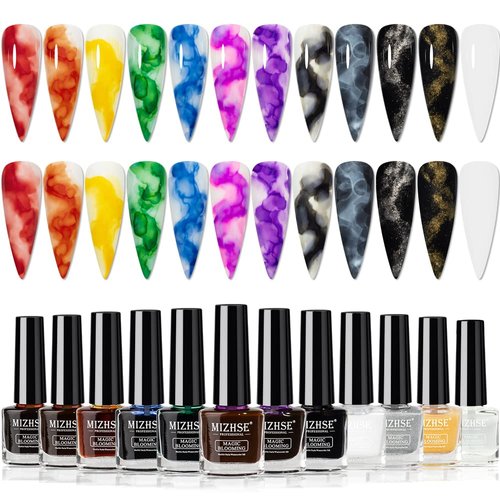 MIZHSE 12PCS Marble Nail Polish, Blooming Gel Marble Ink for Nails Gold Blue Purple Nail Ink Wate...