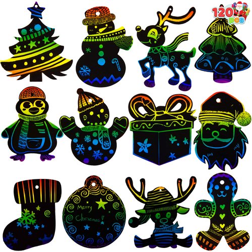 JOYIN 72 Pcs Christmas Scratch Art Ornaments, Rainbow Color Scratch Paper Craft Kit Include Snowman, Christmas Tree, and Reindeer, Scratch Off Hanging Ornament for Kids Party Favor