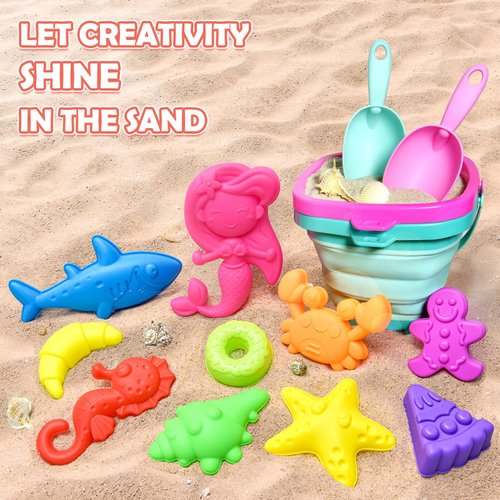Aclarastra Collapsible Beach Sand Toys for Kids - Travel Beach Toys with 2 Collapsible Beach Buckets, Mesh Bags, Animal Sand Molds, Sand Bucket Shovel Set Sandbox Toy for Toddler Kid Ages 3-5-7