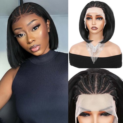 Quantum Love Short Straight Braided Wigs for Black Women Braids Cornrows Lace Straight Bob Wigs Handmade Lace Frontal Synthetic Glueless Wig (Black 10 Inch)