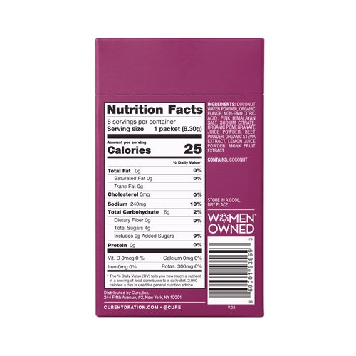 Cure Hydrating Plant Based Electrolyte Mix | Powder for Dehydration Relief | Made with Coconut Water | Non-GMO | No Added Sugar | FSA & HSA | Vegan | Box of 8 Packets - Berry Pomegranate