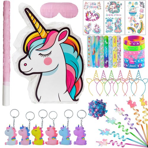 Unicorn Pinata Unicorn Party Favors for Girl Birthday Party Unicorn Party Supplies with Unicorn Pinata Headbands Stickers Slap Bracelets Keychains Silicone Bands and Straws (White)