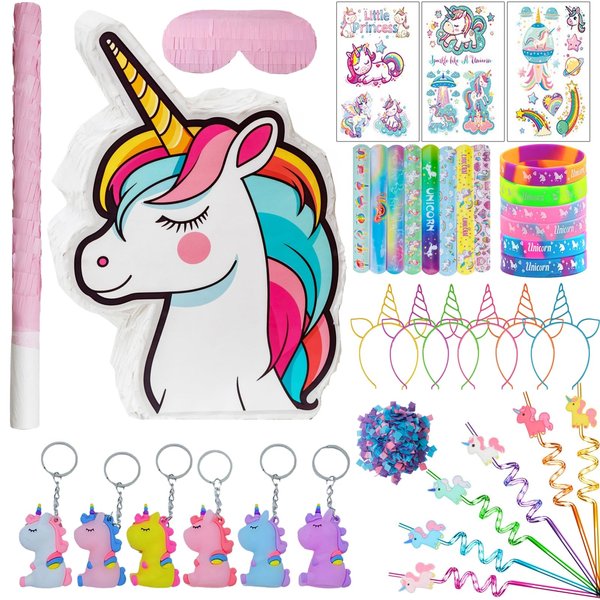 Unicorn Pinata Unicorn Party Favors for Girl Birthday Party Unicorn Party Supplies with Unicorn Pinata Headbands Stickers Slap Bracelets Keychains Silicone Bands and Straws (White)