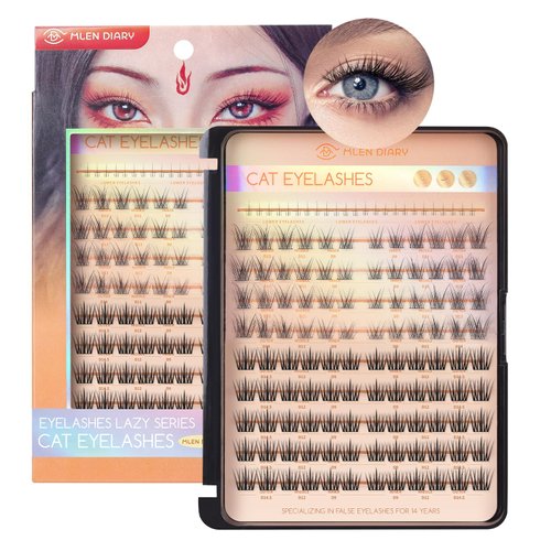 MLEN DIARY 132 Clusters Fox Eye Lash Clusters Wispy Cat Eye Lashes Individual Lash Extensions with Bottom Lashes 4D D Curl Manga Eyelash Extension Kit Fluffy Mink Lashes Natural Look Faux False Lashes