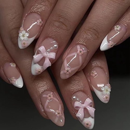 Almond Press on Nails Medium Fake Nails Nude Pink Full Cover Stick on Nails with Floral Pearls Designs Glossy False Nails Nail Charms French Tip Nails for Women Girls 24 Pcs