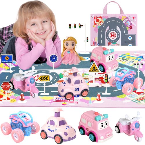 Toddler Girls Toy, Pink Car Toy for Girls Age 2-4 with Baby Doll and Storage Bag for Traffic Safety Education, Birthday Gifts Christmas Stocking Stuffers for Girl 2 3 4 5 Year Old