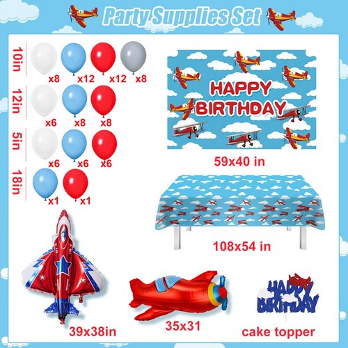 Airplane Birthday Party Decorations,Airplane party Supplies Kit-Balloons Arch Garland Kit,Airplane Birthday Backdrop,Tablecloth,Cake Topper,Airplane Birthday Party Supplies