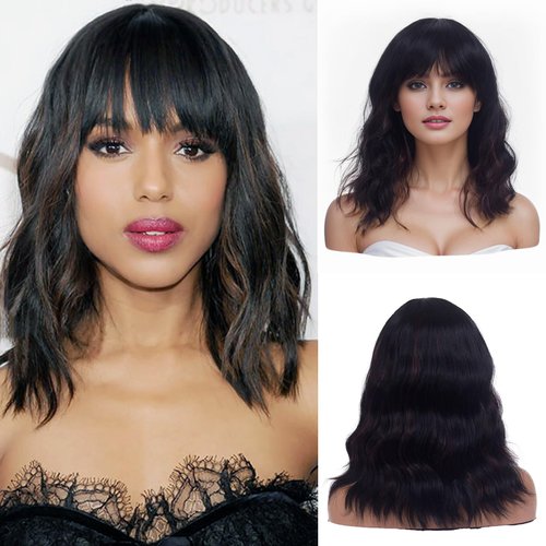 LINGDORA Curly Wavy Bob Wigs for Women Black Brown Mixed Short Wig with Bangs Natural Looking Water Wave Highlight Hair Wigs Synthetic Heat Resistant Fiber for Daily Party Use (Black Mixed Brown)
