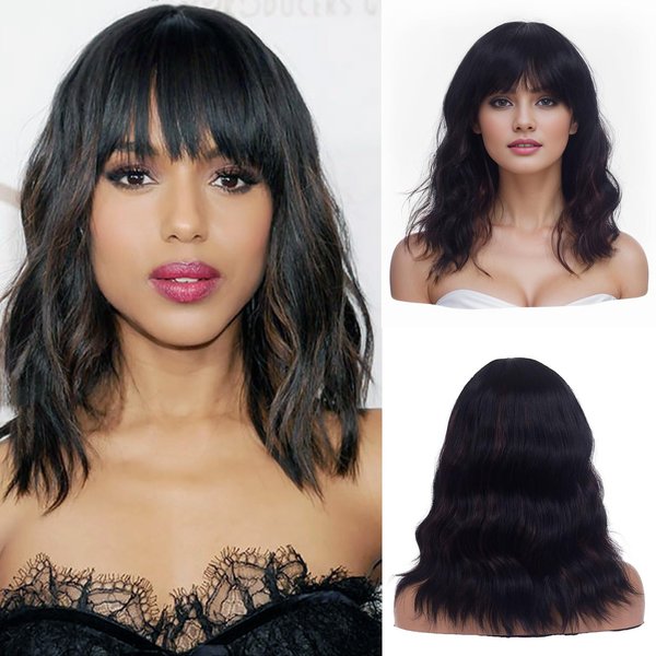 LINGDORA Curly Wavy Bob Wigs for Women Black Brown Mixed Short Wig with Bangs Natural Looking Water Wave Highlight Hair Wigs Synthetic Heat Resistant Fiber for Daily Party Use (Black Mixed Brown)
