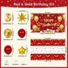 Red and Gold Birthday Decorations for Women Men Girls Boys, 72pcs Red and Gold Party Decorations Happy Birthday Backdrop Burgundy Confetti Star Red Gold Balloon Arch Table Cloth Party Supplies