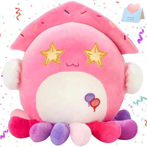 Houwsbaby 12" Pink Party Squid Plush Pillow,Octopus Plushie Ocean Sea Life Stuffed Animal Toys,Cute Sea Creature Pillow,Soft Squishy Presents Birthday Festival Christmas for Kids Girls Boys