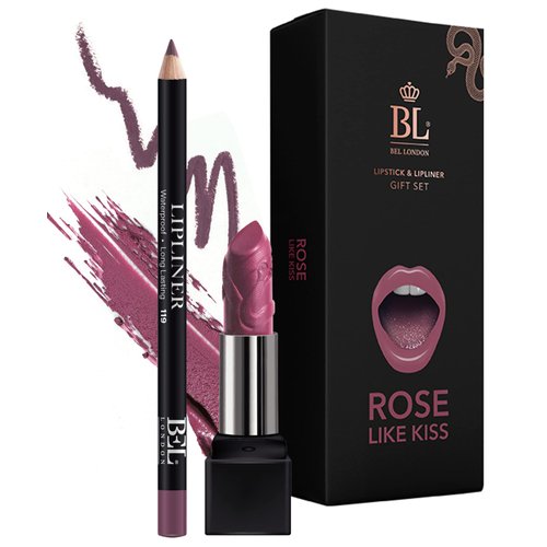 BL Color Matched Lip Liner & Lipstick Set (Rose) - Full-Coverage Argan Long Lasting Lipstick and Lip Liner Set With Natural Oils for Nourishment, Hydration, & Protection - Chemical-Free