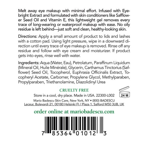 Mario Badescu Eye Makeup Remover Gel Ideal for Combination or Oily Skin Lightweight, Non-Greasy Waterproof Eye Make Up Cleanser Formulated with Safflower Seed Oil, 4 Fl Oz