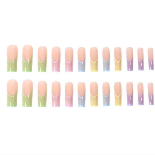 Foccna Long Press on Nails Square French Fake Nails Full Cover Acrylic False Nails Colorful Nails for Women and Girls 24PCS