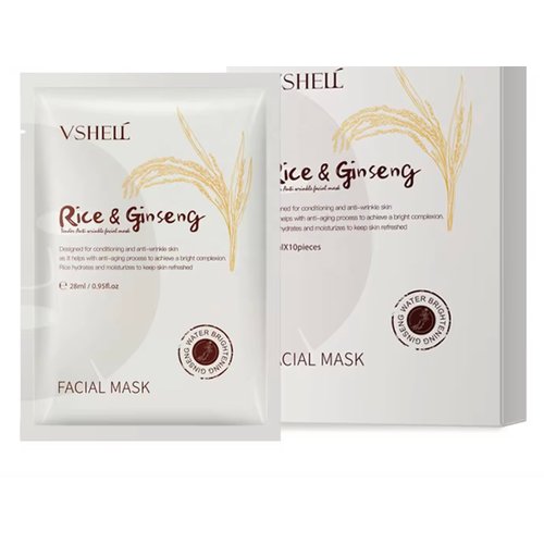 Korean Ginseng Rice Facial Mask 10 Pack Vegan with Vitamin C Korean Ingredient Brightens Skin, Mask Sheet