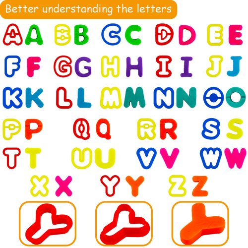 FRIMOONY Plastic Dough Tools for Kids, with Capital Letters, Cookie Cutters, Stamps, Multi-Color, 61 Pieces
