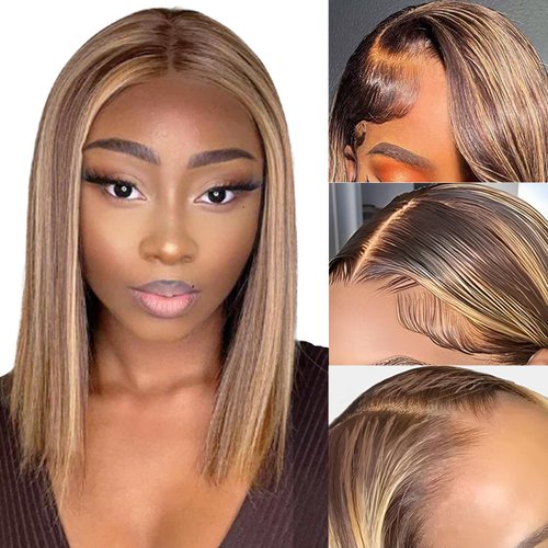 Aldita 12A Straight Lace Front Bob Wig Human Hair 13x4 Lace Front Wigs Human Hair 200 Density Wig Human Hair 14 Inch 4/27 Highlight Lace Front Wigs Colored Honey Blonde Wig Human Hair For Black Women