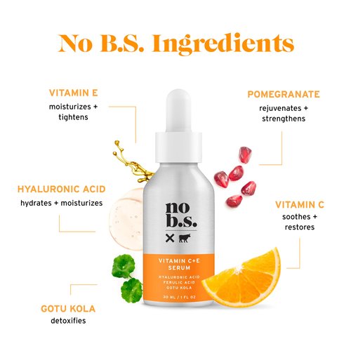 No B.S. (No Bad Stuff) Vitamin C & E Serum, Hyaluronic Acid, Gotu Kola, Ferulic Acid, Vitamin E & C, Face Serum to Protect, Smooth & Brighten Skin, Gluten Free, Vegan, Travel Size, 1 FL Oz