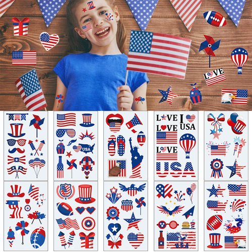 10 Sheets Independence Day Temporary Tattoos Stickers tattoo face waterproof July 4th Party Favors Accessories Designs Body Art Decorative