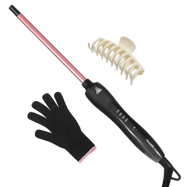 Youuish 3/8 Inch Small Curling Iron, Small Curling Wand for Long & Short Hair, Ceramic Barrel Curling Iron with Adjustable Temperature, Include Heat Resistant Glove and Claw Clip (Rose Pink)