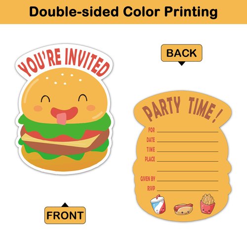 REWIDPARTY Cute Hamburger Party Invitation Cards with Envelopes & Stickers（Set of 15） Shaped Fill-in Invitations Party Supplies Favors for Birthday Baby Shower Party Celebration Cards for Kids Teens