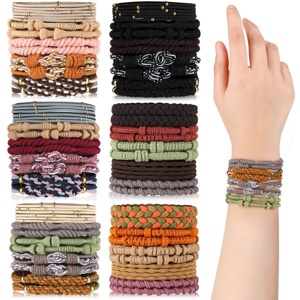 60 Pcs Boho Hair Ties for Women Cute Hair Tie Bracelets Elastic Bracelet Hair Ties Stylish Hair Elastics Soft Dual Use Bracelet 10 Styles Hair Band for Girls Thick Braids Ponytails