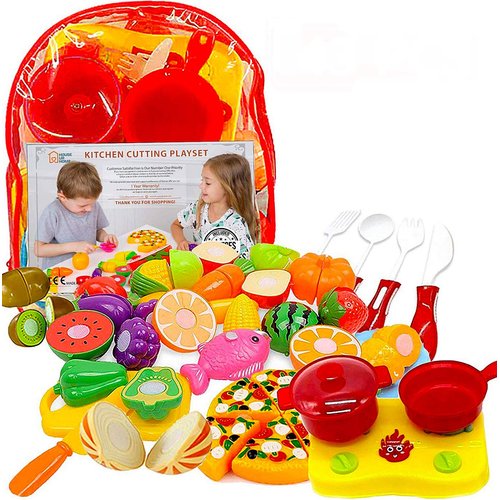 Kitchen Play Food Toys - Cutting Fruit Vegetables Fun Cooking Little Stove top, Pot and Utensils (86 Pieces) Pizza & Knife Toy, Cutting Board. Pretend Cutting Playset Carry Bag for Girls Boys Toddler